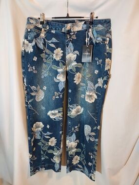NWT Flamingals Blue Vintage Floral Print Straight Leg Denim Jeans Size XL